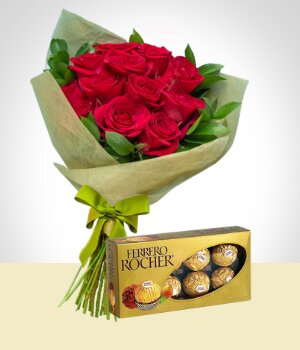 Flores a El Salvador Combo Tradicin: 12 Rosas + Chocolates Ferrero Rocher