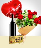 Regalos de Lujo - Combo Inspiracin: Bouquet de 12 Rosas + Globo + Vino + Chocolates