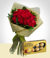 Da de San Valentn - Deseos de Amor: Bouquet de 24 Rosas y Caja de Chocolates